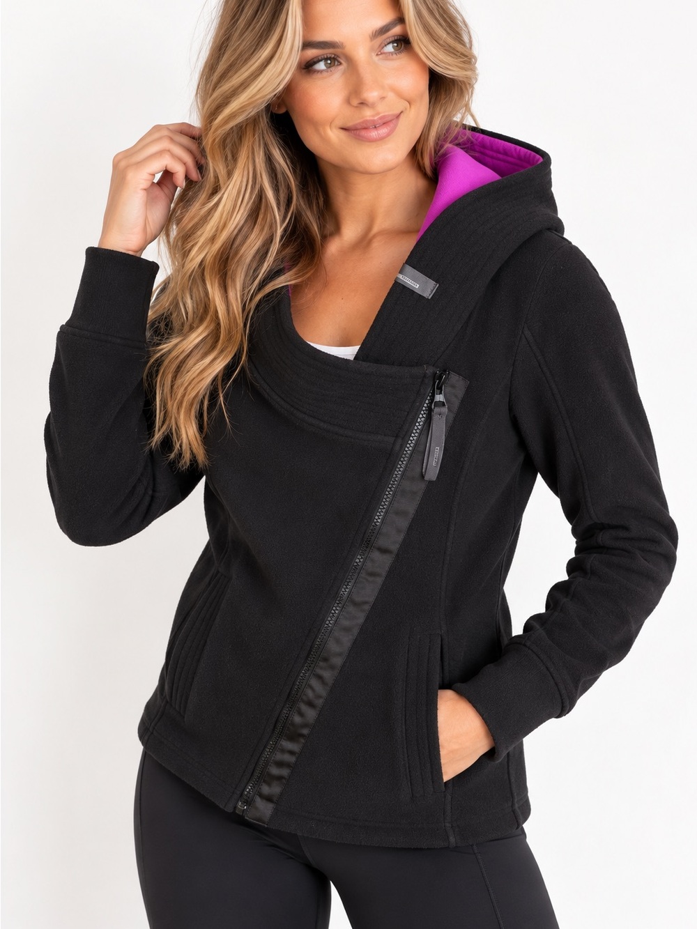 Mondetta Asymmetrical Zip Black Fleece Jacket with Purple Lining Woman size M